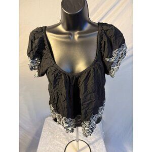 Forever 21 Womens Black Crop‎ Boho Shirt Top Blouse Lace Medium M 10/12
